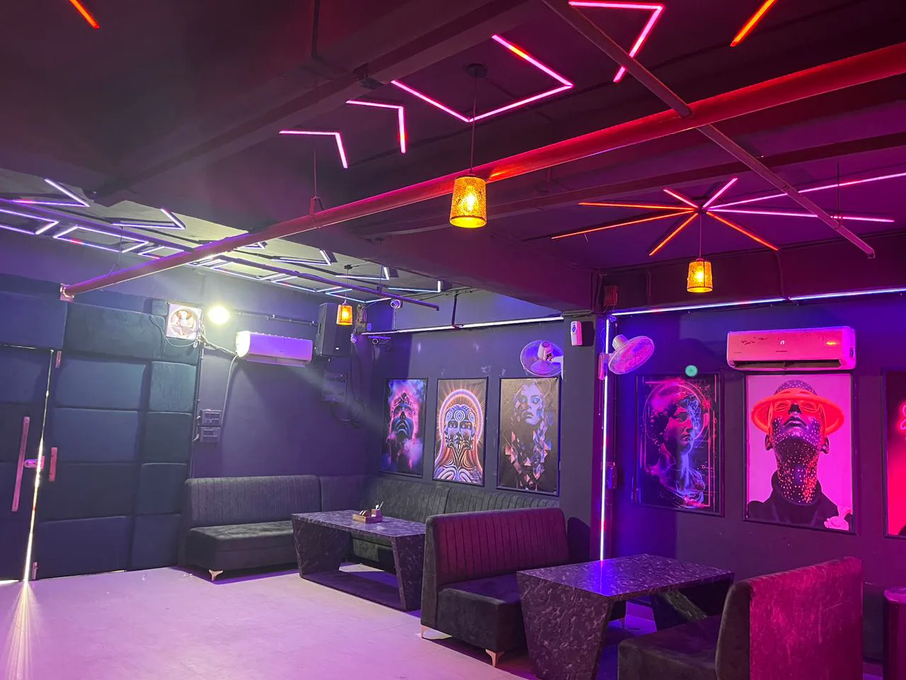 Club Clyrova neon party hall seating in Jaipur